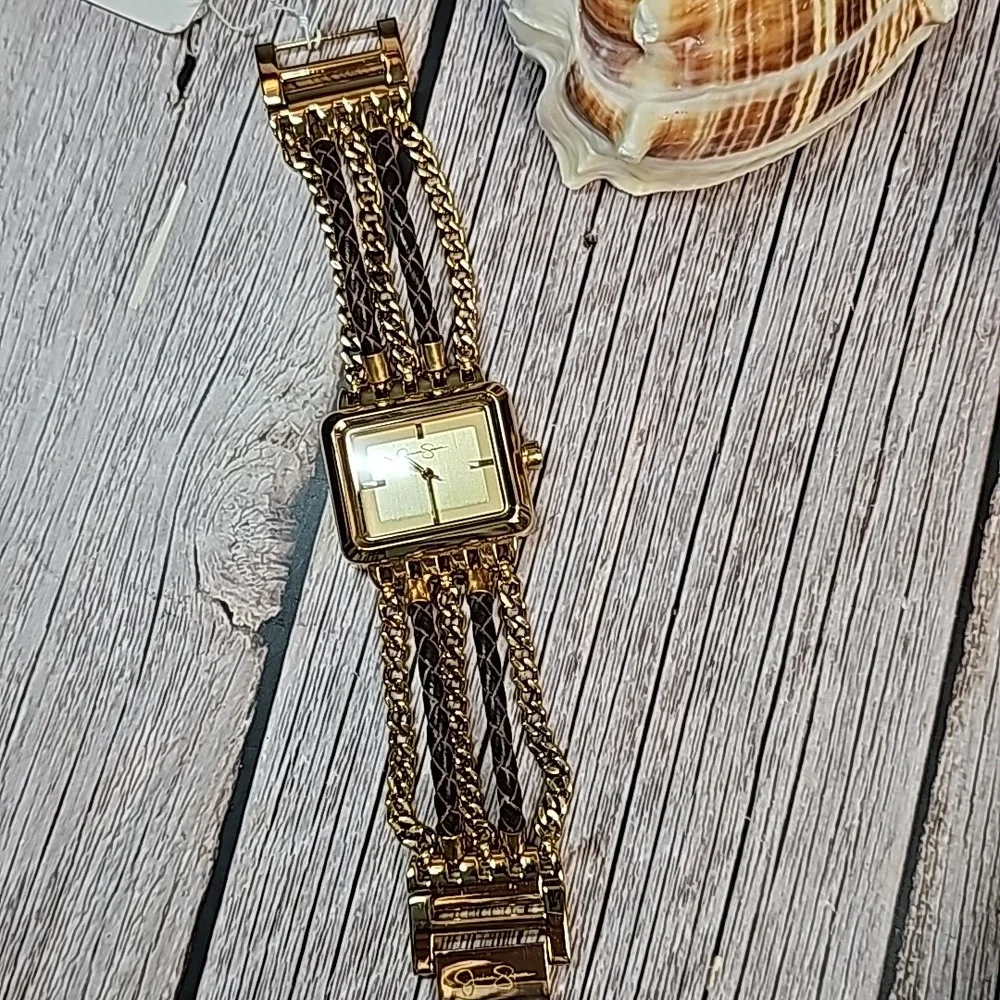 NWT JESSICA SIMPSON MULTI-CHAIN BRAIDED BAND GOLD TONE RECTANGLE WATCH